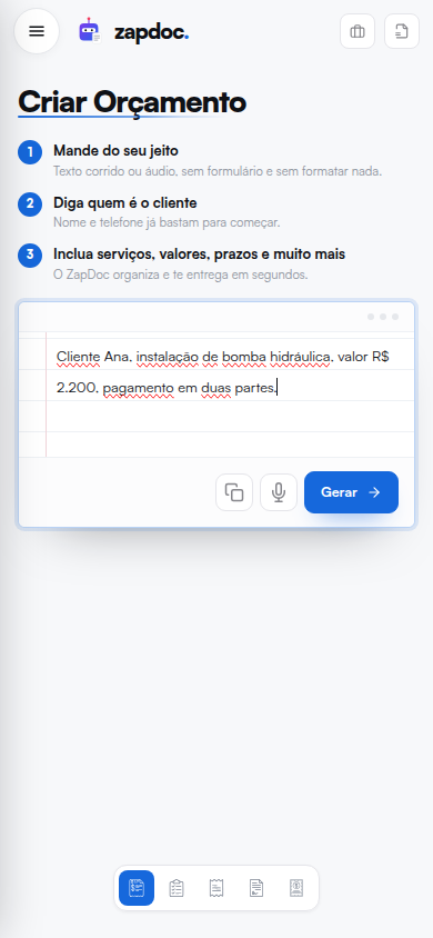Tela real do ZapDoc com uma mensagem de orçamento escrita no criador