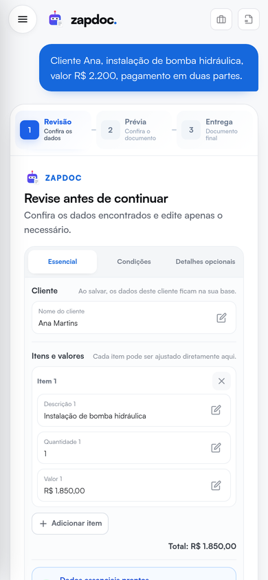 Tela real de revisão dos dados interpretados pelo ZapDoc