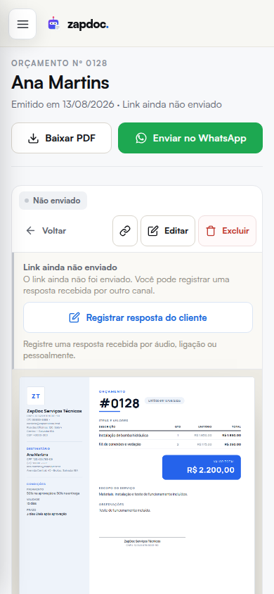 Página real do documento no ZapDoc com as ações Baixar PDF e Enviar no WhatsApp