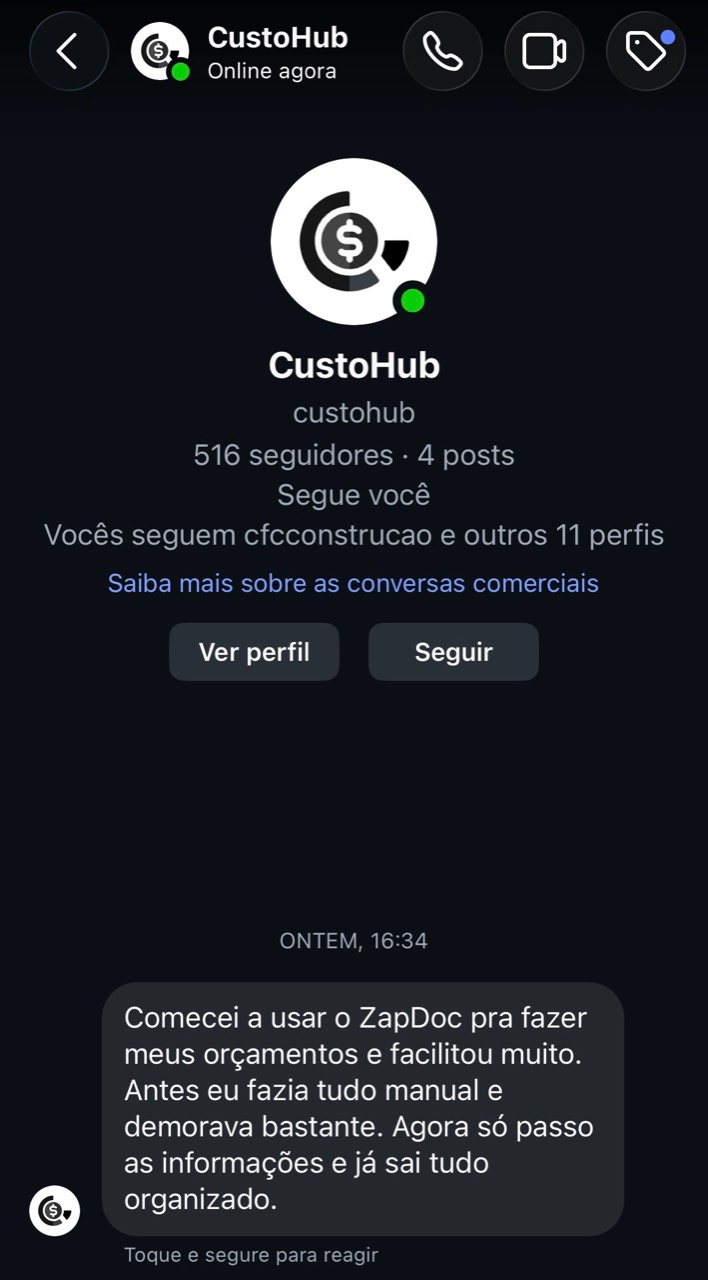 Captura do depoimento enviado por CustoHub no Instagram